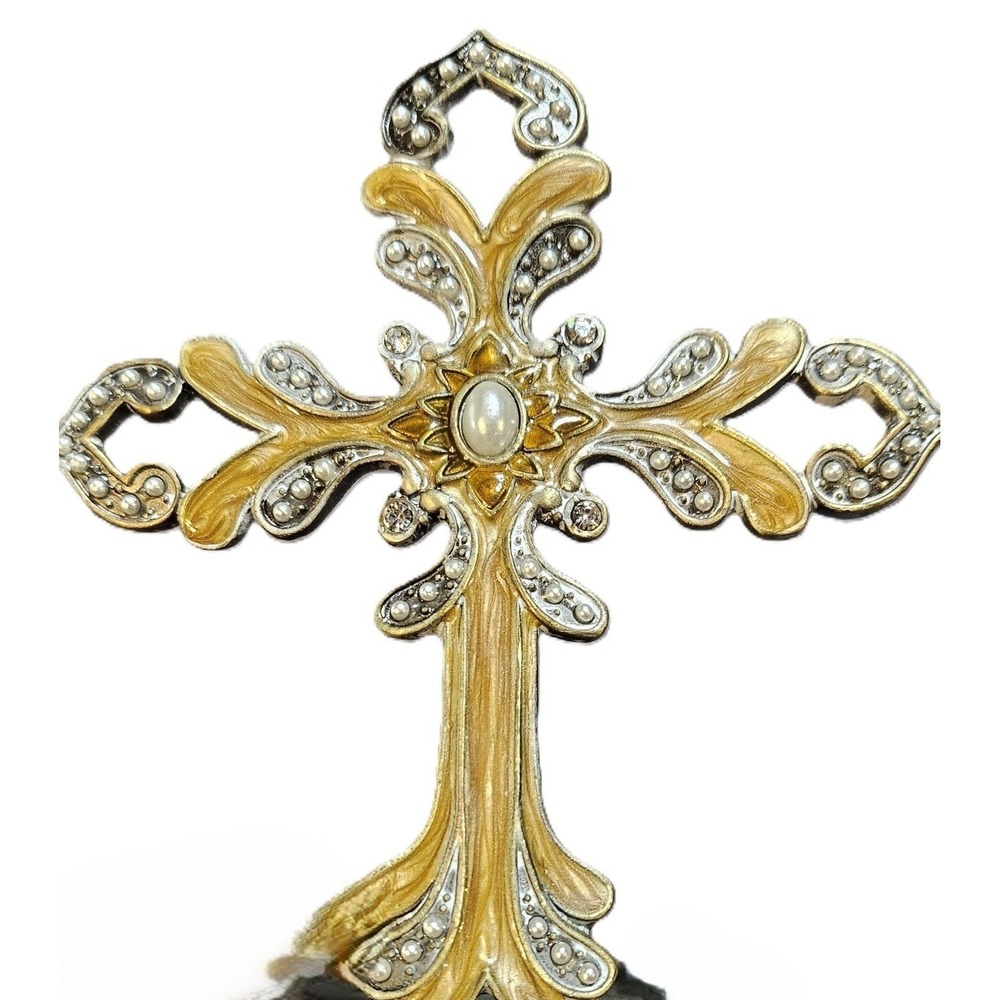 Cross Pillar Candle Holder Brass With Pearl Accents Home Decor